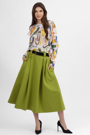 Fusta verde cu pliuri in talie din punto milano, cu curea [3]