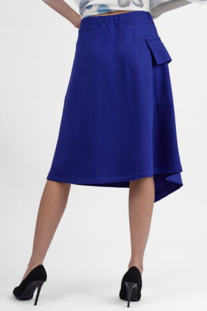 Fusta albastra midi petrecuta din punto milano, cu buzunar aplicat si colt [3]