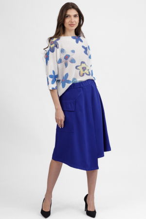 Fuste Casual - Fusta albastra midi petrecuta din punto milano, cu buzunar aplicat si colt