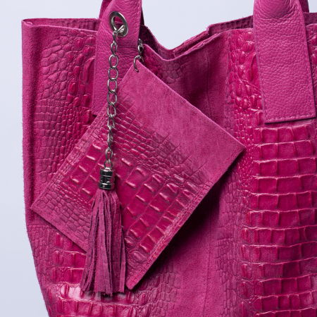 Geanta shopper din piele intoarsa naturala, fucsia [2]