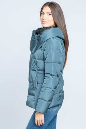 Geaca eleganta asimetrica de puf cu guler dublu, amplu, turcoaz-negru [2]