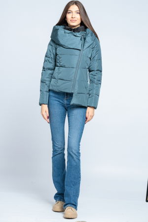 Geaca eleganta asimetrica de puf cu guler dublu, amplu, turcoaz-negru [4]