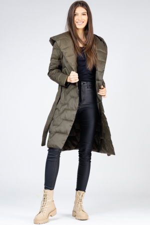 Geci Groase & Paltoane - Geaca midi kaki cu cordon si gluga