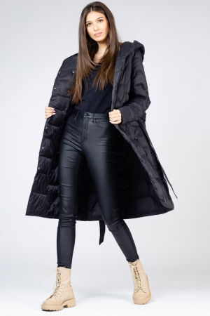 Geci Groase & Paltoane - Geaca midi neagra cu cordon si gluga