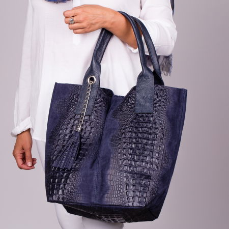 Genți din Piele Naturală - Geanta shopper bleumarin din piele intoarsa naturala