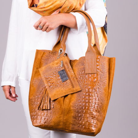 Genți din Piele Naturală - Geanta shopper camel din piele intoarsa naturala