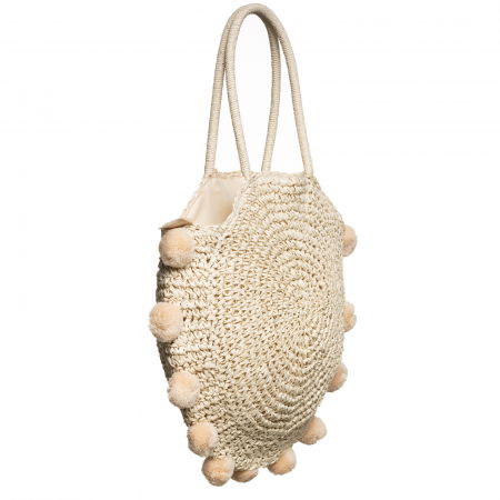 Geanta circulara mare impletita, cu ciucuri mari textili decorativi, bej deschis [1]