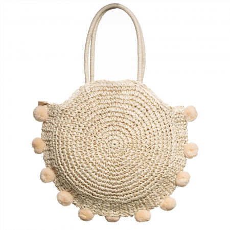 Genti Impletite - Geanta circulara mare impletita, cu ciucuri mari textili decorativi, bej deschis