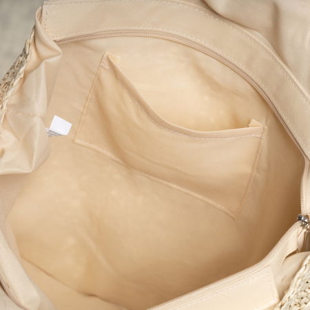 Geanta circulara mare impletita, cu ciucuri mari textili decorativi, bej inchis [2]