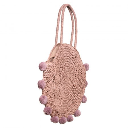 Geanta circulara mare impletita, cu ciucuri mari textili decorativi, roz prafuit [1]