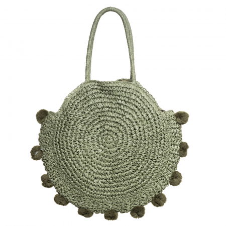 Genti Impletite - Geanta circulara mare impletita, cu ciucuri mari textili decorativi, verde prafuit