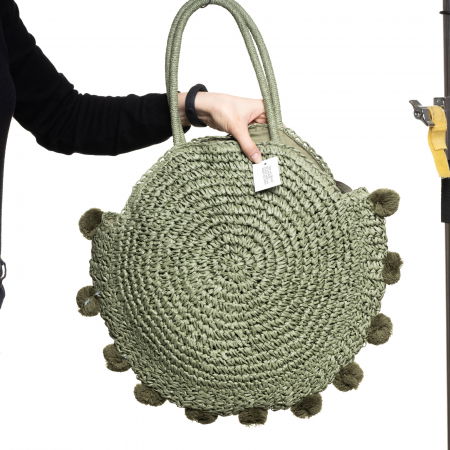 Geanta circulara mare impletita, cu ciucuri mari textili decorativi, verde prafuit [2]