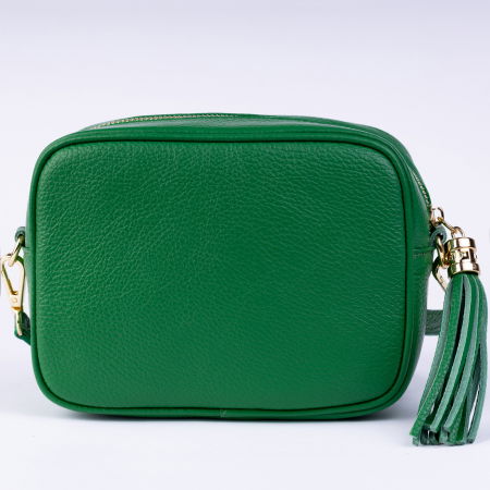 Geanta crossbody verde din piele naturala, cu ciucure din piele [1]