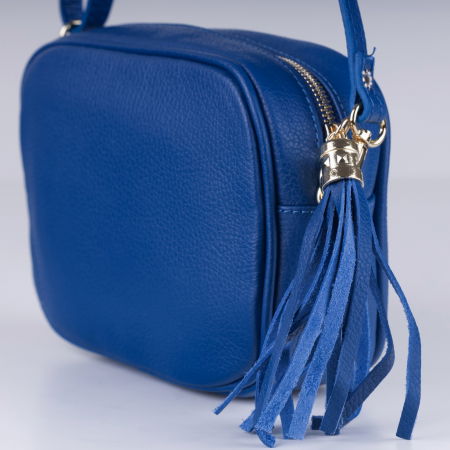 Genți din Piele Naturală - Geanta crossbody albastru electric din piele naturala, cu ciucure din piele