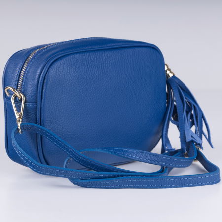 Geanta crossbody albastru electric din piele naturala, cu ciucure din piele [1]