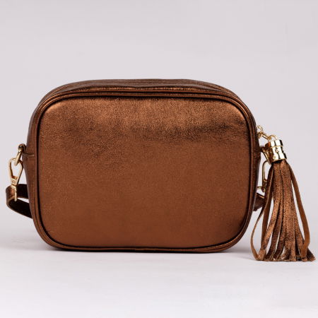 Geanta crossbody  metalizat din piele naturala, cu ciucure din piele, cupru [2]