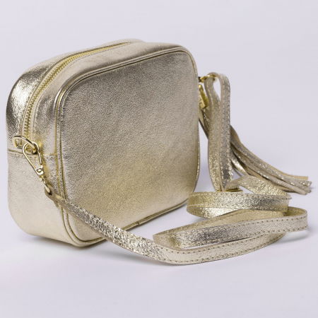 Geanta crossbody aurie din piele naturala, cu ciucure din piele [2]
