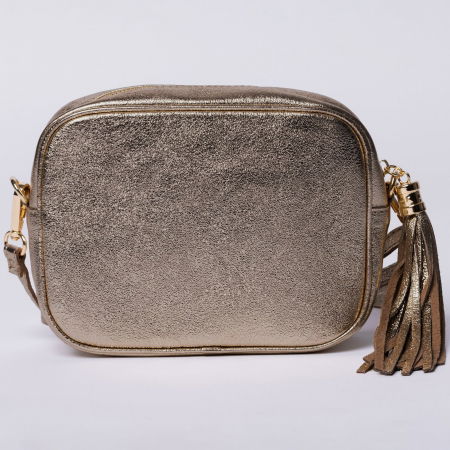 Geanta crossbody aurie inchis din piele naturala, cu ciucure din piele [2]