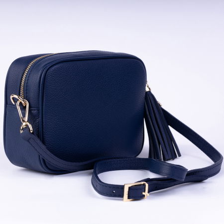 Geanta crossbody bleumarin din piele naturala, cu ciucure din piele [1]