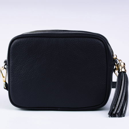 Geanta crossbody bleumarin inchis din piele naturala, cu ciucure din piele [1]