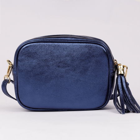 Geanta crossbody albastru metalizat din piele naturala, cu ciucure din piele [2]