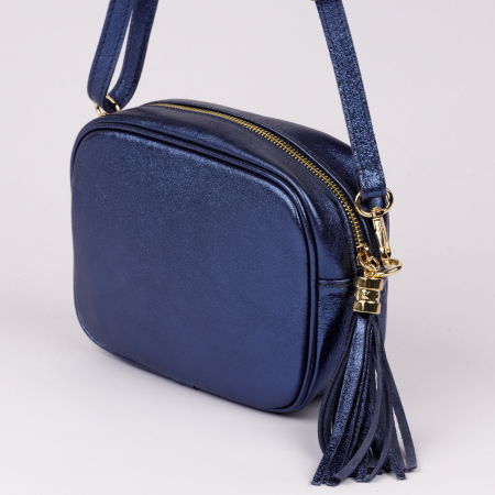 Genți din Piele Naturală - Geanta crossbody albastru metalizat din piele naturala, cu ciucure din piele