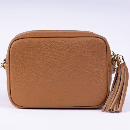 Geanta crossbody camel din piele naturala, cu ciucure din piele [2]