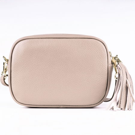 Geanta crossbody bej din piele naturala, cu ciucure din piele [2]