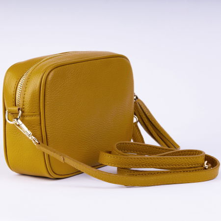 Geanta crossbody galben mustar din piele naturala, cu ciucure din piele [1]