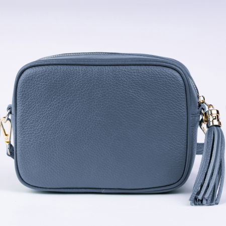 Geanta crossbody albastru jeans din piele naturala, cu ciucure din piele [1]