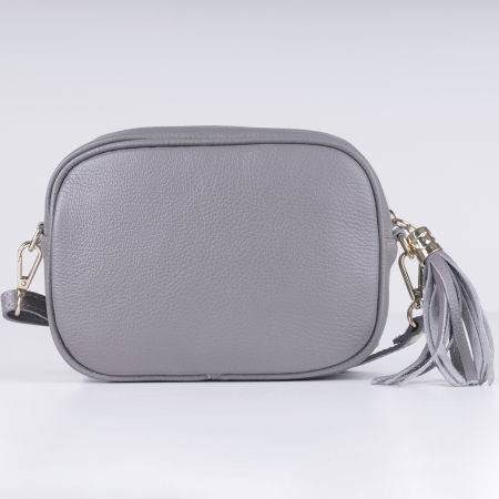 Geanta crossbody gri din piele naturala, cu ciucure din piele [2]