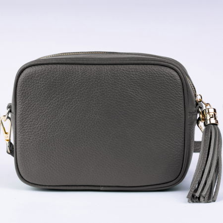 Geanta crossbody gri inchis din piele naturala, cu ciucure din piele [1]