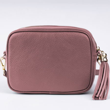 Geanta crossbody roz inchis din piele naturala, cu ciucure din piele [2]