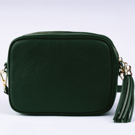 Geanta crossbody verde inchis din piele naturala, cu ciucure din piele [1]