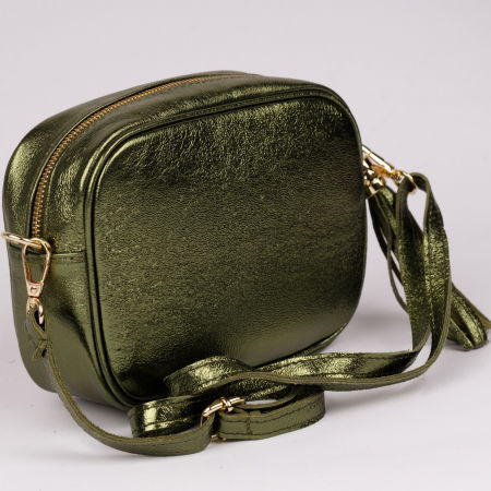 Geanta crossbody  verde metalizat din piele naturala, cu ciucure din piele [1]