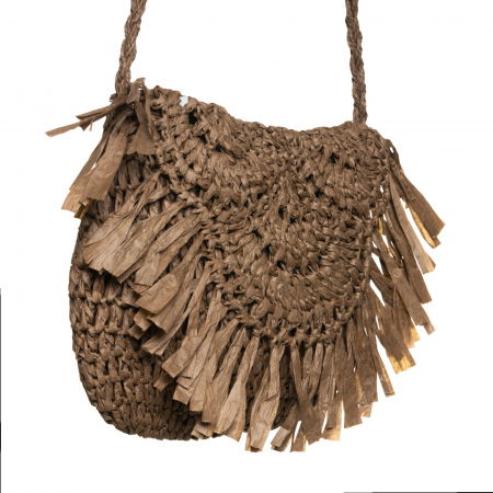 Geanta crossbody mica impletita cu franjuri decorativi pe capac, maron [1]