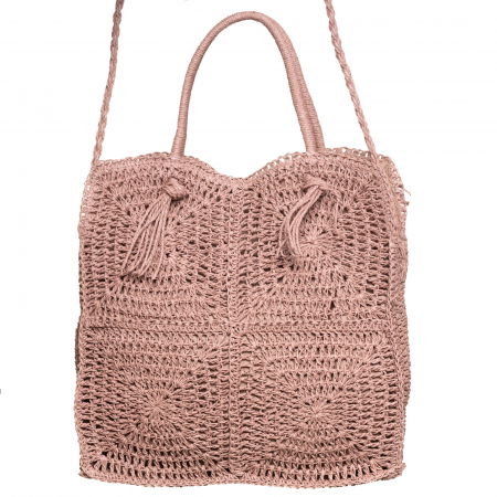 Genti Impletite - Geanta crossbody patrata mare, impletita cu noduri decorative, roz prafuit