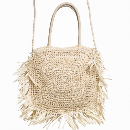 Genti Impletite - Geanta crossbody patrata mare, impletita cu franjuri mari decorative, bej deschis