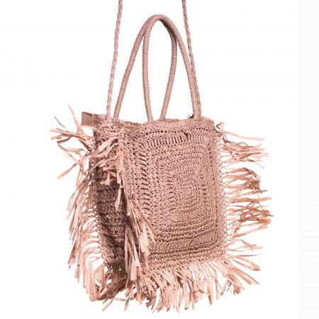 Geanta crossbody patrata mare, impletita cu franjuri mari decorative, roz prafuit [1]