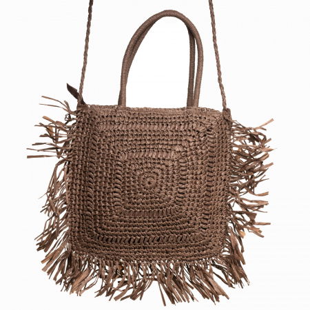 Genti Impletite - Geanta crossbody patrata mare, impletita cu franjuri mari decorative, maro