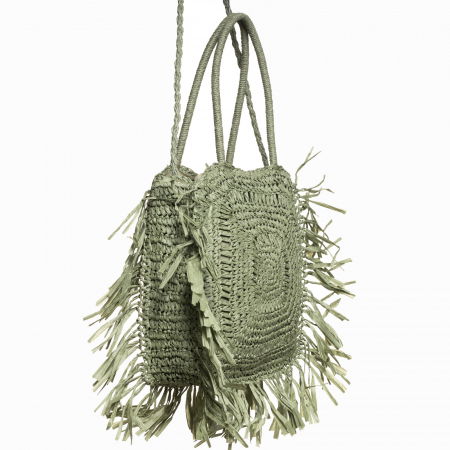 Geanta crossbody patrata mare, impletita cu franjuri mari decorative, verde prafuit [1]