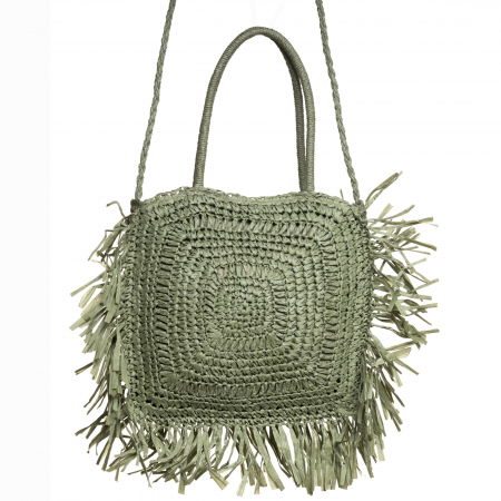 Genti Impletite - Geanta crossbody patrata mare, impletita cu franjuri mari decorative, verde prafuit