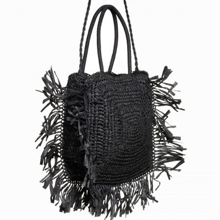 Geanta crossbody patrata mare, impletita cu franjuri mari decorative, neagra [1]