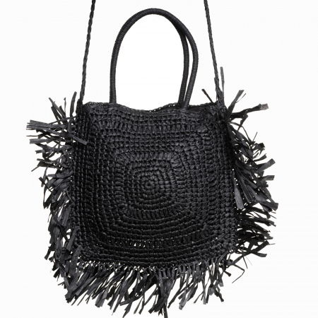 Geanta crossbody patrata mare, impletita cu franjuri mari decorative, neagra [0]