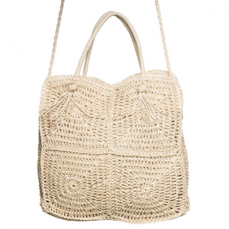 Genti Impletite - Geanta crossbody patrata mare, impletita cu noduri decorative, bej deschis