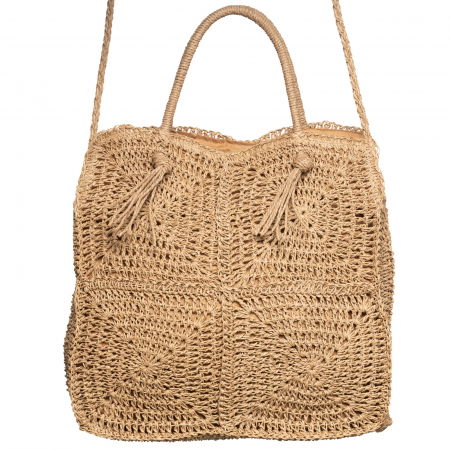 Genti Impletite - Geanta crossbody patrata mare, impletita cu noduri decorative, bej inchis