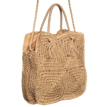 Geanta crossbody patrata mare, impletita cu noduri decorative, bej inchis [1]