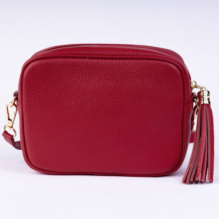 Geanta crossbody rosu inchis din piele naturala, cu ciucure din piele [2]