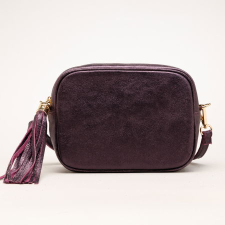 Geanta crossbody mov metalizat din piele naturala, cu ciucure din piele [1]