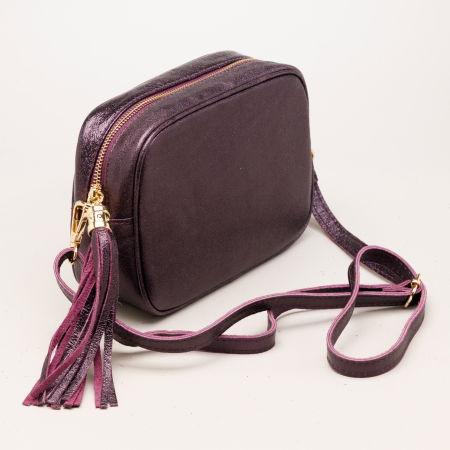 Genți - Geanta crossbody mov metalizat din piele naturala, cu ciucure din piele